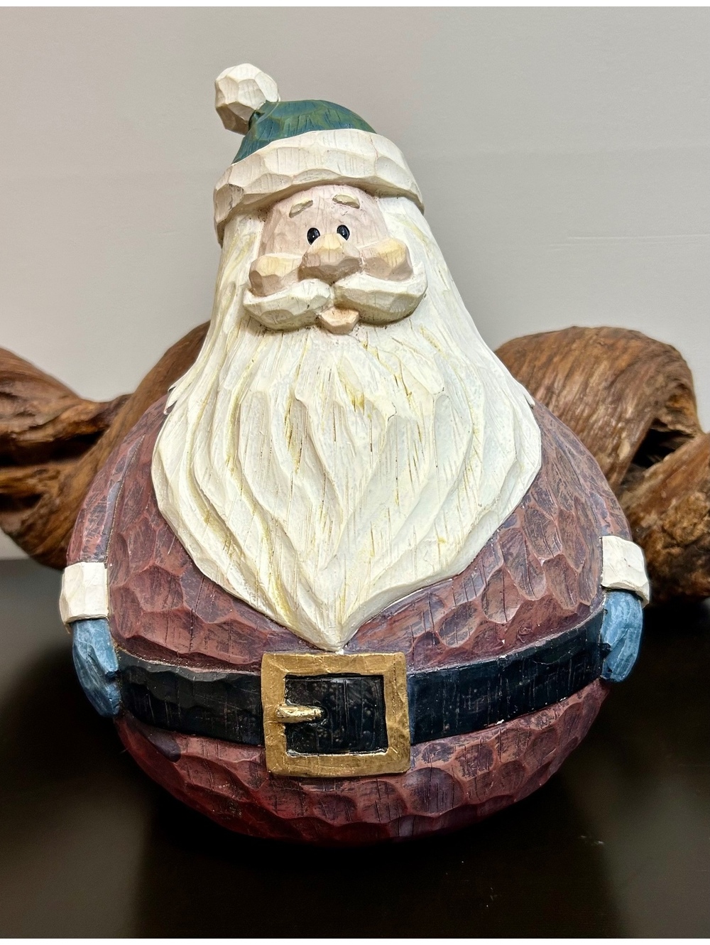 Roly Poly Santa Claus Figurine 12” Resin Carved Wood Look Folk Art Christmas